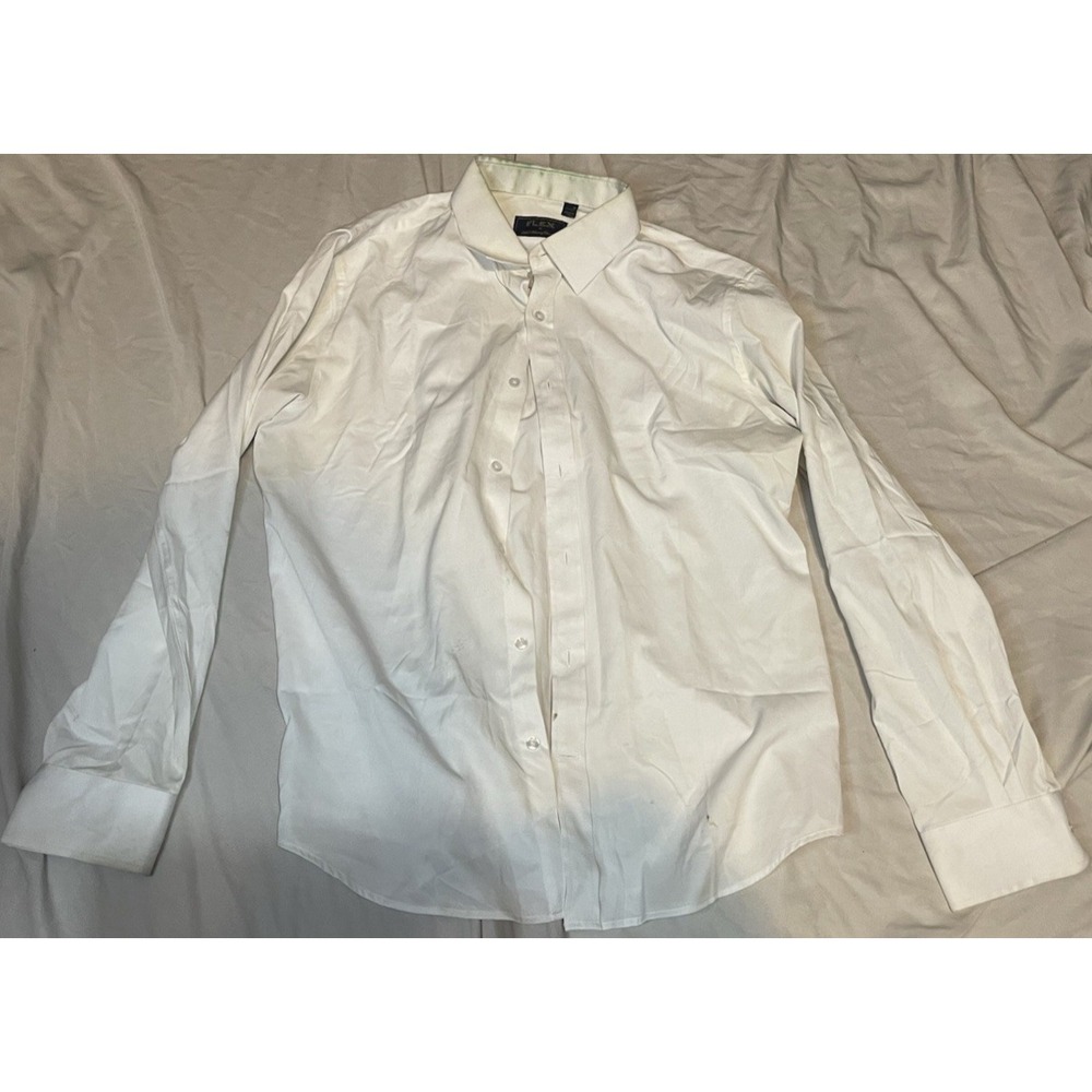 Flex Dress Shirt Mens M White Solid Regular Fit Woven LS Design In Italy